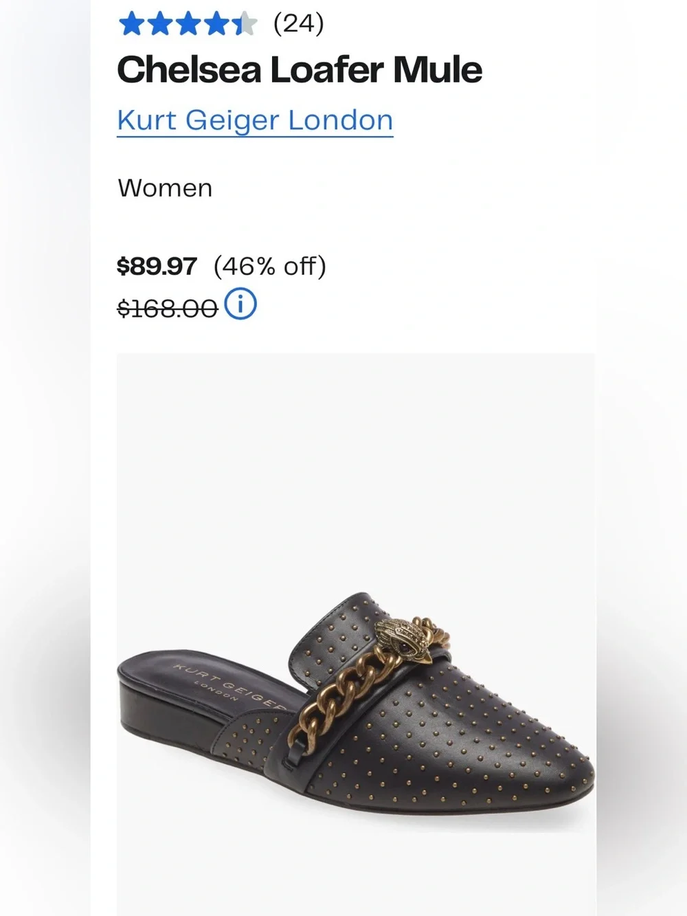 Kurt Keiger Chelsea Mules Black Leather Flats Size 5.5 US.